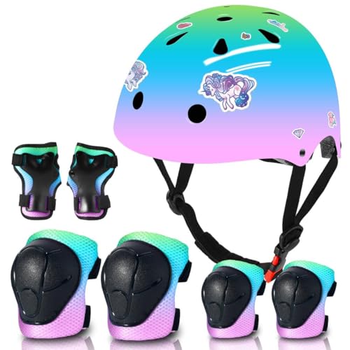 Sticker Adjustable Color Gradient Bike Kids Toddler Helmet and Pads for Kids 3-5-8-14 Girls Child Skateboard Helmet with Knee Pad Elbow Pads Guards,Riding Scooter Roller Inline skatings Longboard