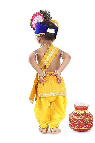 Image of Raj Fancy Dresses Shri Krishna Dress for Baby Boy & Girl, Janmashtmi Dress with Diaper-friendly Dhoti & Dupatta, Mor Pankh Mukut