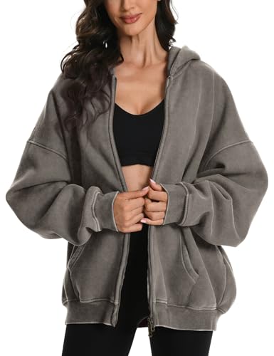 FAIABLE Womens Mens Double Zip Up Hoodie Oversized Acid Wash Heavyweight Hoodies Distress Cotton Fleece Vintage Y2k Full Zipper Couples Sweatshirt Grey