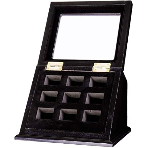 WISHDIAM 9 Slots Championship Ring Display Case - Baseball / Single / Replica / Softball Ring Display Wooden Box Display Case for Sports Rings Black (9 Slots, Slanted) Cover