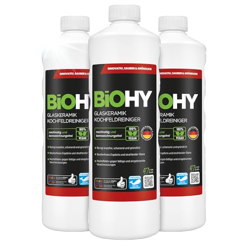 BiOHY Glaskeramik Kochfeldreiniger (3 x 1 Liter) | Ceranfeldreiniger für die Küche | Hochglanz Fettlöser ganz ohne Kratzer | Küchenreiniger als Ergänzung zum Ceranfeldschaber | biologisch abbaubar