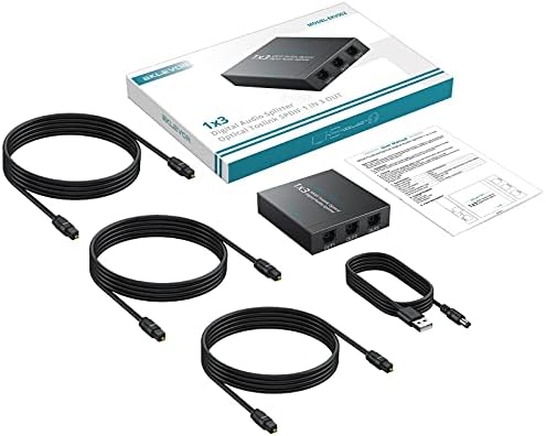 Digital Optical Audio Splitter 1 in 3 out, 3 Port Toslink SPDIF Splitter with 3 Pcs 1M Optical Cable Audio Format Support LPCM2.0 Doldy Digital & DTS 5.1 Aluminum Alloy for PS3 DVD HDTV Sound bar