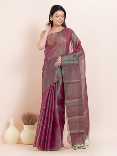 Image of Women's Tissue Cotton Saree | Plain Lightweight Tassel Pallu Saree with Blouse