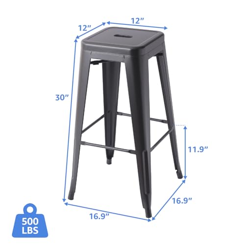 Butaco metálico apilable sin respaldo, sillas para barra y comedor, juego de 4 unidades (negro, altura 30 pulgadas) miniatura 3