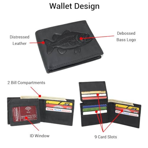 MARSHAL Fisherman’s RFID Blocking Vintage Leather Bifold Wallet with Debossed Bass Design for Outdoorsmen (Black)4