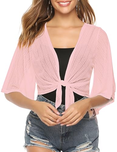 Image of iClosam Women Tie Front Chiffon Shrug Short Sleeve Cropped Sheer Bolero Shrug Cardigan