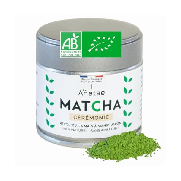 Anatae Marque française - Thé Matcha bio cérémonie japonais - Sans amertume - Poudre de thé vert matcha 100% BIO qualité cérémonielle - Récolté à la main à Nishio, Japon.