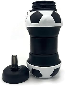 Soccer Style Kids Water Bottle Collapsible Silcione Water Bottles, Leakproof 16oz Portable Foldable Expandable Water Bottle Sports Cups with Straw, BPA Free, for Outdoor Black
