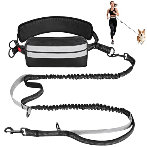 OFFCUP Main Libre Chien, Élastique Laisse Canicross, Ceinture Canicross pour Chiens avec Ceinture et Sac Banane Détachable et Couture Réfléchissante,...