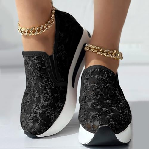 Platform Wedge Floral Women's Fashion Sneakers Breathable Walking Shoes Mesh Slip On Sneakers Women Casual Embroidery Sneakers Comfort Work Shoes Outdoor Travel Hidden High Heels Shoes2