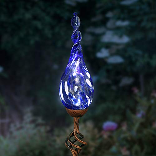 Exhart Garden Solar Lights, Decorative Led Flame Garden Stake, Hand Blown Glass And Metal Outdoor Decoration, Twist Blue, 3 X 36 Inch #TOP7