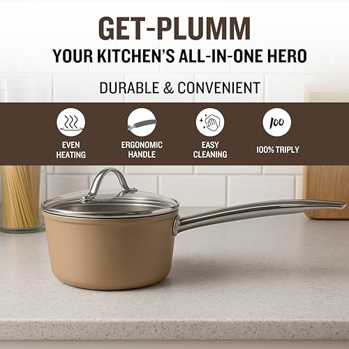 Image of Get Plumm Ceramic 7 Pcs Cookware Set | 16cm Saucepan, 20cm Pot, 26cm Kadhai, 20cm Fry Pan with Lids | ISI Certified | PFAS & PTFE Free | Gas & Induction | 1 Year Warranty | Cream Gold