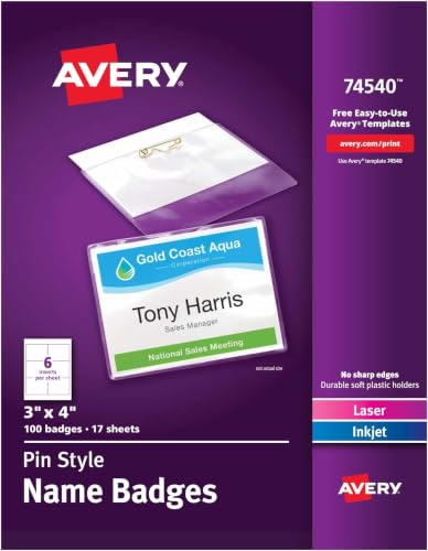 Image of Avery Customizable Name Badges, Pin Style, Clear Name Tag Holders, White Laser /Inkjet Printable Inserts, (74540), 3 inch x 4 inch (Pack of 5)