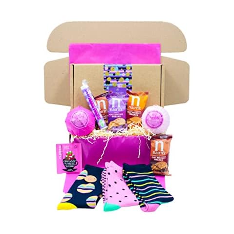 Gluten Free Biscuits with Fairtrade Tea Pamper Box with Jumbo Bath Bombs and Three Pairs of Luxury Bamboo Socks by Inside the Box Gifts Cover
