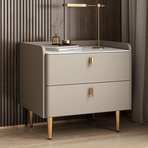 Liuwopa Mesita de Noche Moderna de Madera, Almacenamiento de Mediados de Siglo, con Asas de Metal y Tablero de Piedra