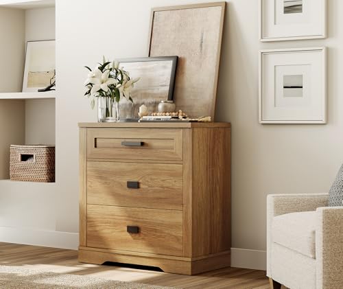 Image of WAMPAT 31.5 inch Wide Large Nightstand Set of 2, 32 inch Tall Oversized Modern Farmhouse Bedside Table with Large Drawers 2-Piece Set for Bedroom, Walnut Oak