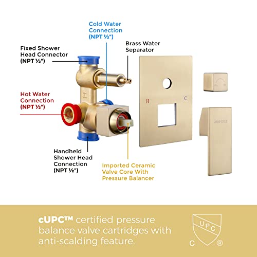 Vanfoxle Shower System Brushed Gold 10 Inches Bathroom Luxury Rain Mixer Shower Combo Set Wall Mounted Rainfall Shower Head System Shower Faucet Rough-In Valve Body And Trim Included #TOP3