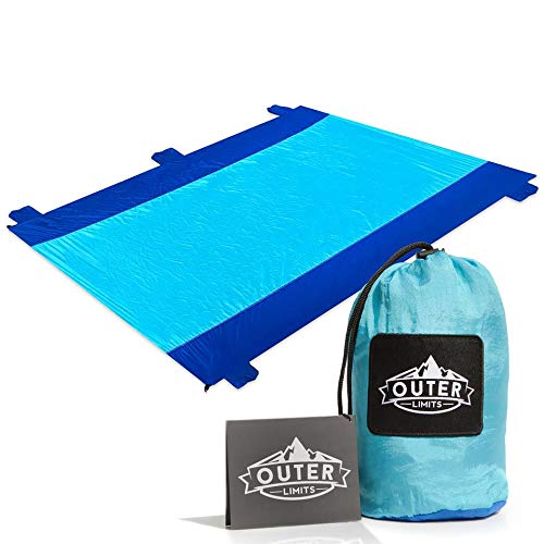 Outer Limits NEW Huge Travel - Picnic Blanket - Beach Blanket Compact Water Resistant Sand Free 7'x9' Oversized Nylon Outdoor Blankets with 4 Stakes Lightweight Portable Camping Blanket