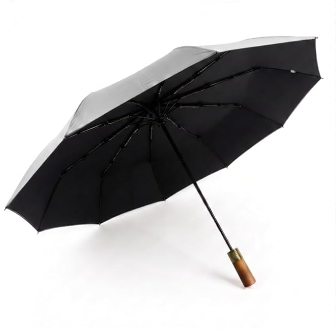Image of STAR WORK Small Wooden Handle Compact UV Protection Umbrella, Automatic Open Hook Handle Stick Golf Umbrellas for Rain, Sun & Wind Protection.