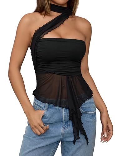 Milumia Women Going Out Halter Tops Ruched Mesh Bandeau Top with Scarf