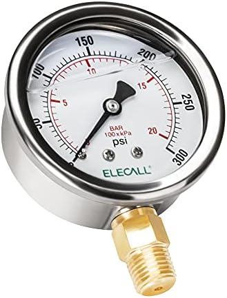 ELECALL 300psi Silicone Oil Filled Pressure Gauge for Water Oil Air Pressure Test in Pool Pump Sand Filter Air Compressor Water System, 2-1/2" Stainless Steel Case, Lower Mount 1/4"NPT