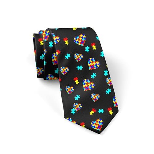 Colorful Autism Awareness Puzzle Pieces Heart Men's Skinny Tie Fashion Necktie Funny Novelty Neck Ties Casual Gentleman Necktie