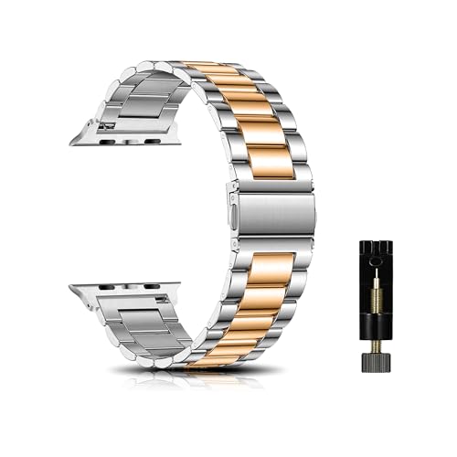 CeiBand Correa para Apple Watch 44mm/42mm/45mm/49mm/Series 11 46mm Pulsera Reloj, Métal Acero Inoxidable Reemplazo Correas Banda para iWatch Series 11 10 9 SE 8 7 6 5 4 3 2 1 -Plata/Oro Rosa