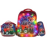 Kit Mochila Infantil LED com Lancheira e Estojo Gata, 3 Compartimentos, Alças Ajustáveis, Ideal para Escola(Carrinho 1)