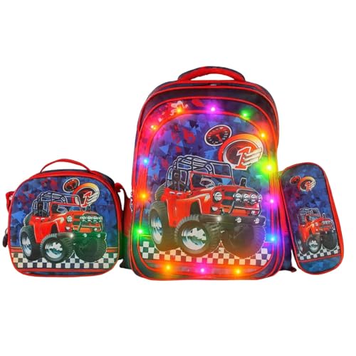 Kit Mochila Infantil LED com Lancheira e Estojo Gata, 3 Compartimentos, Alças Ajustáveis, Ideal para Escola(Carrinho 1)