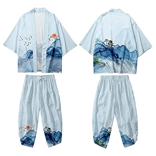 Män Kimono Cardigan Män Casual Wide-ben Byxor Kostym Japanska Traditionella Streetwear Byxor Jacka Retro Trend Kran Mode Män Och Kvinnors Kimono Kostym,D-M