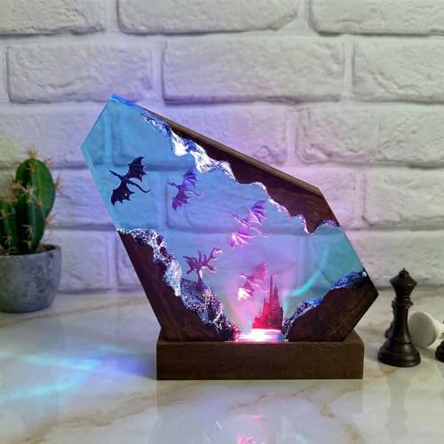 Image of Drawelry Ocean Creative Epoxy Resin Wood Light Lamp, Handmade Multi Color Aquatic Ocean Lamp Deep Sea Cave Diving Enthusiasts Led Night Light Desktop Decor Birthday Gift (Dragon, M)