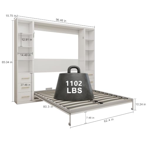 Image of KEIKI Queen Size Vertical Cabinet Murphy Bed with 2 Side Cabinet, Multifunctional Foldable Hideaway Wall Metal Bed Frame with Slats, No Box Spring Needed, Easy Assembly, for Bedroom, Guest room, White