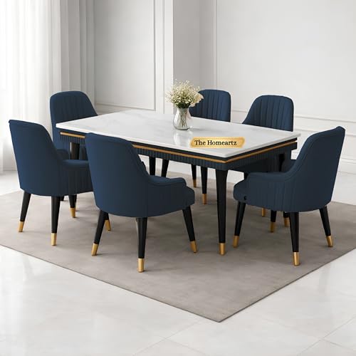 Image of Elara Modern Dining Table Set 6-Seater Wooden Dining Table Set | 1 Year Warranty | Nano Composite Marble Marble Top Table with 6 Chairs (Navy Blue)