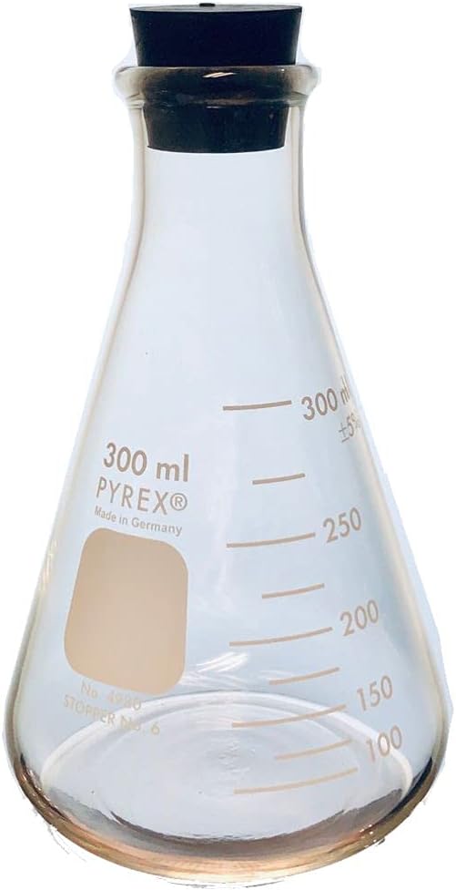 Corning Pyrex® #4980-300, 300ml Narrow Mouth Erlenmeyer Flask with Rubber Stopper (Single)