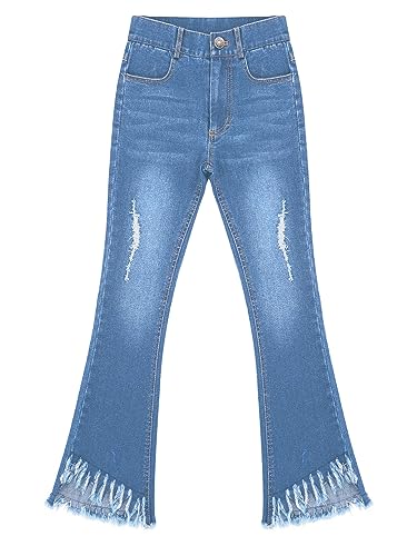 TiaoBug Kids Girls Ripped Flare Jeans Raw Hem Denim Bell Bottom Trousers Retro Washed Wide Leg Distressed Denim Pants3