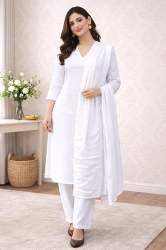 Image of Women's Pure Cotton White plain Salwar Suit | solid Coord Set with Duppatta