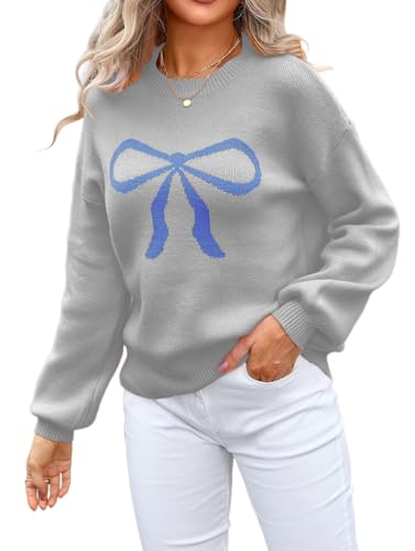 Image of Womens Knitted Pullover Bow Sweater Long Sleeve Crewneck Y2k Casual Bow Top
