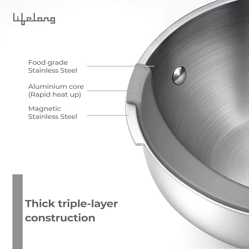 Lifelong Triply 3 piece cookware Set| 22cm Fry Pan (1.25L) & 22cm Triply Kadhai (2L) with Common Steel Lid | Soft Touch Handle | Even Heat... - Image 3