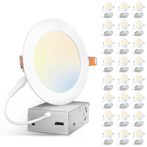 Amico 24 Pack 5 Inch 5CCT Ultra-Thin LED Canless Recessed Ceiling Light with Junction Box 2700K/3000K/3500K/4000K/5000K Selectable 11W=75W 900LM High Brightness Dimmable Wafer Downlight-ETL&FCC