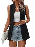 COZYEASE Women's Notched Detail Open Front Sleeveless Casual Plain Solid Vest Blazer Black L