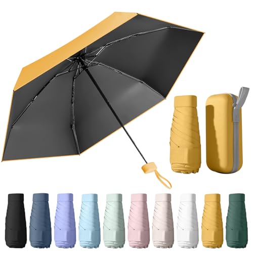 Image of WoRuyKot Mini Travel Umbrella, 6 Ribs Mini Umbrella, UV Foldable with Capsule Box, Travel Waterproof and Windproof for Men and Women (Yellow)