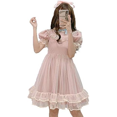 Summer Japanese Lolita Lace Dress Teen Girls Soft Cute Ruffles A-Line Princess Party Dresses (L) Pink Cover