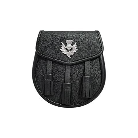 100% Black Leather Sporran with Thistle and 3 Tassels Scottish Kilt Sporran with Chain Belt 02 Cover