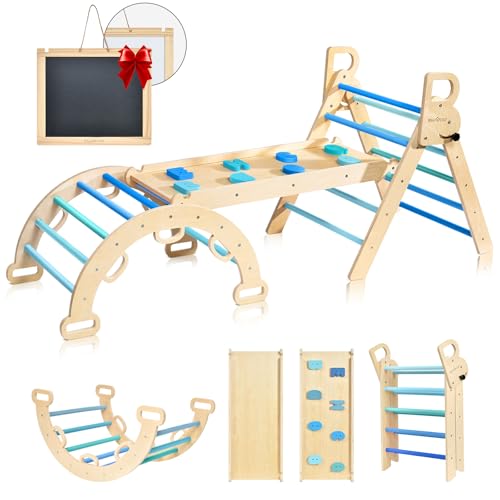 Image of BlueWood Pikler Triangle Set, 7-in-1 Foldable Wooden Toddler Climbing Toys Indoor Playground Jungle Gym Montessori Philosophy Climber for 2-6 Years Old, Baby, Kids (Sky Blue)