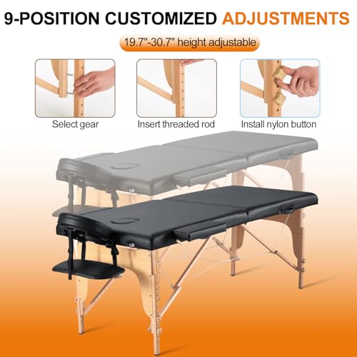 Image of 72.8'' Professional Massage Tables Portable Lightweight Massage Bed with Bag, 12 Height Adjustable Esthetician Bed Memory Foam Foldable Massage Table Premium Spa Tattoo Bed, Black