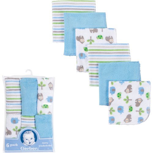 Image of Gerber Boys and Girls Newborn Infant Baby Toddler Soft Bath Woven Washcloth 6-Pack, Blue/White/Gorilla, 6-Pack