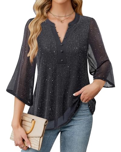 VALOLIA Women Blouses 3/4 Length Sleeve Mesh Shirts Dressy Casual V Neck Double Layers Flowy Tops4