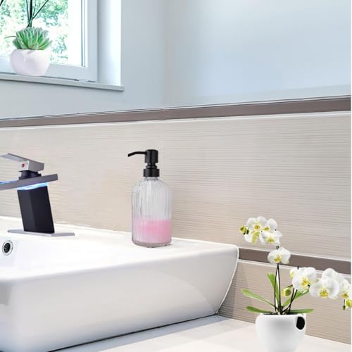 Image of 16Oz Clear Glass Soap Dispenser with Rust Proof Black Stainless Steel Pump, Refillable Bathroom Soap Dispenser with Vertical Stripe, Black Pump Kitchen Dispensers