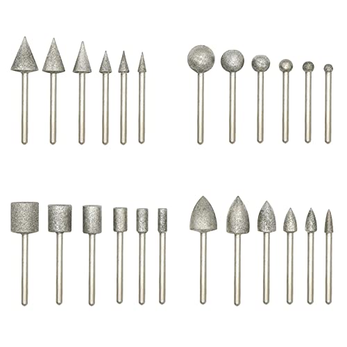 24Pcs Diamond Grinding Bits Set, 3mm Shank Diamond Mounted Point Rotary Burrs, Grinding Drill Carving Rotary Tool for Glass Stone Ceramic Carving Polishing (4 shaped)