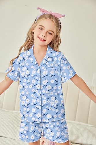 Image of Arshiner Girls Pajamas Sets Short Sleeve Kids Pjs Button Down Sleepwear | Cute Printed Pajamas for Little & Big Girl, Lightweight Comfy Fabric, 2-Piece Outfits, Perfect for Lounge Pajamas Party